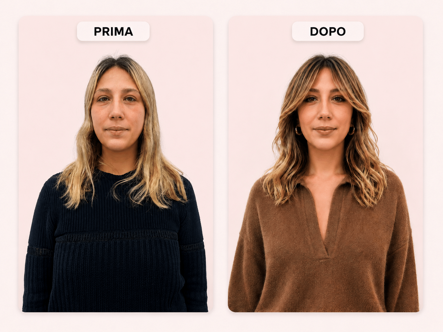 Prima e dopo: frangia laterale e tono caldo