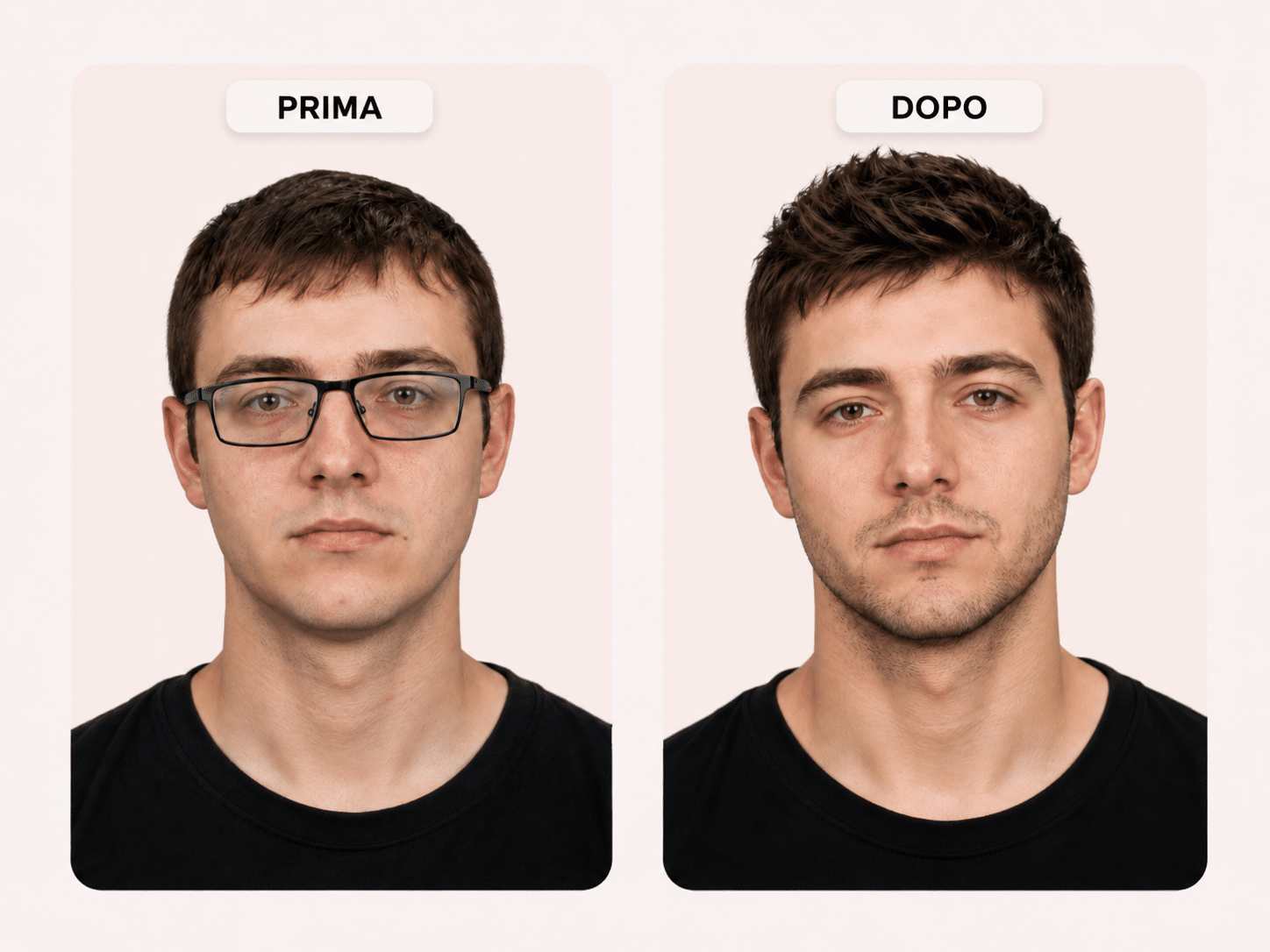 Prima e dopo: uomo, montatura e barba