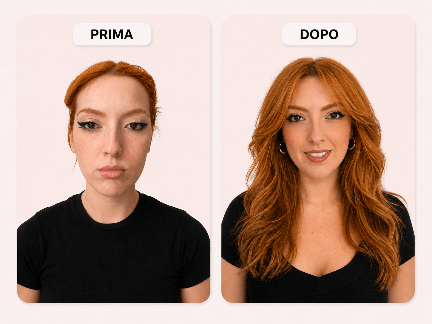 Prima e dopo: donna rossa, frangia morbida