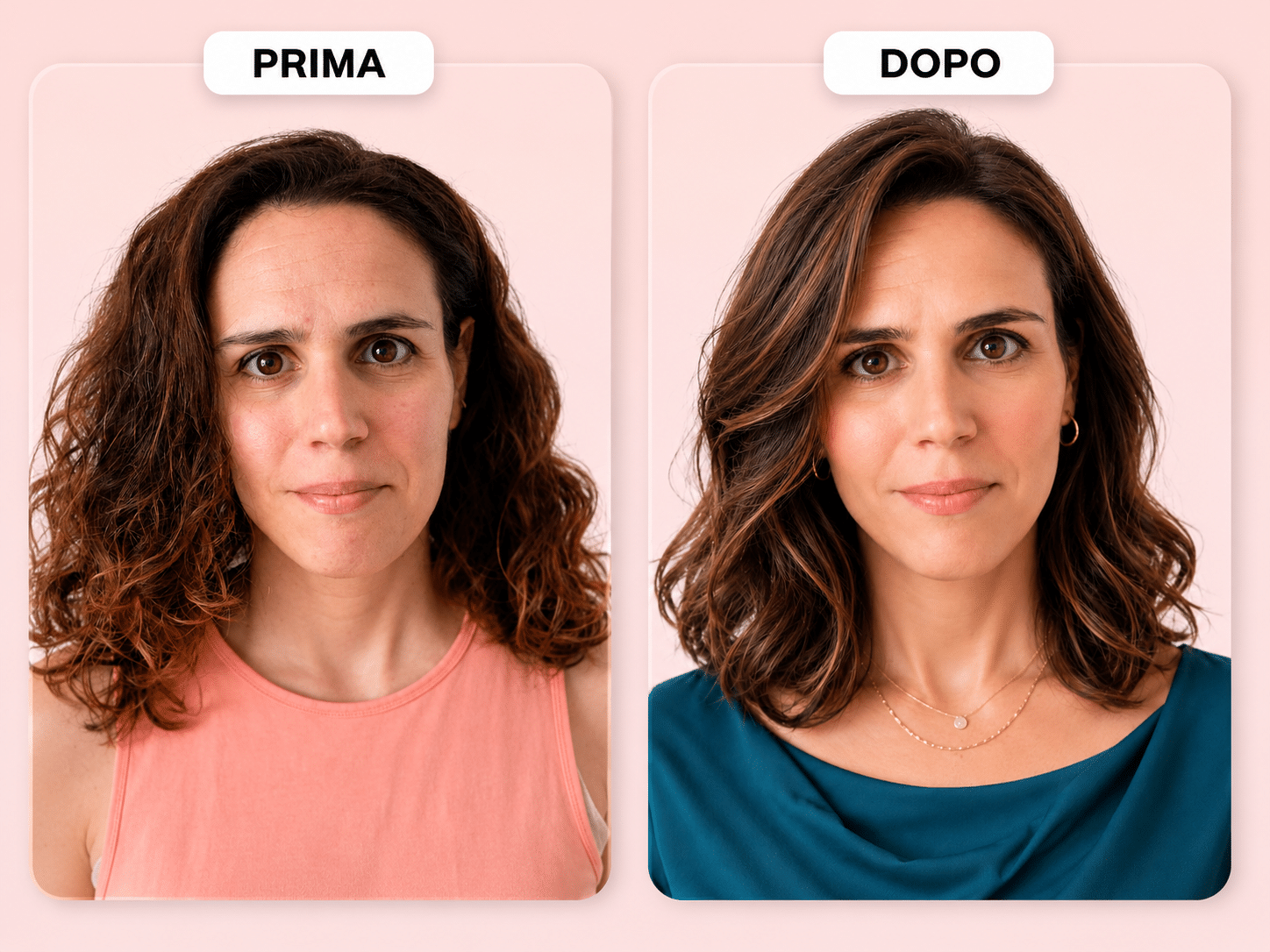 Prima e dopo: volume, make-up e blazer chiaro